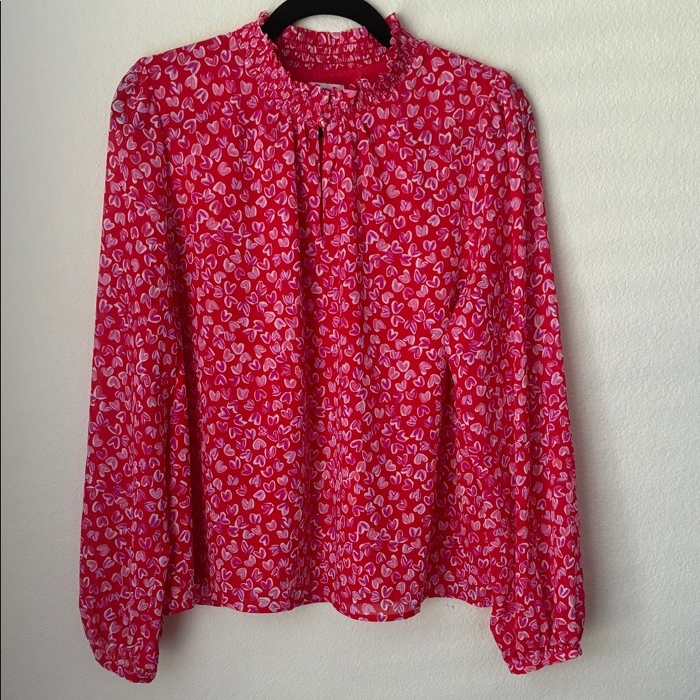 J. Crew Red Relaxed Buttoned Blouse with Mandarin Collar